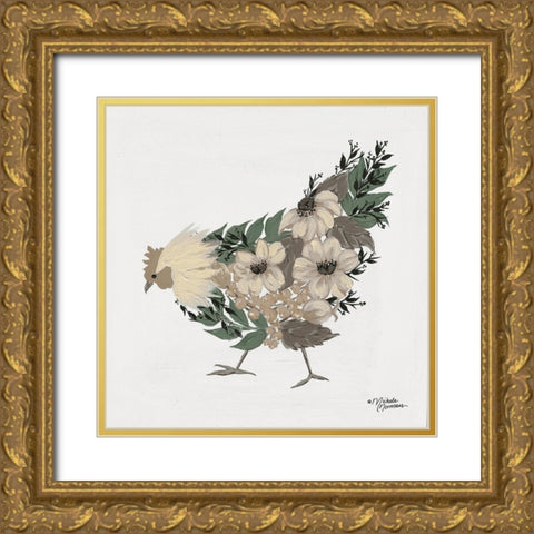Floral Hen Gold Ornate Wood Framed Art Print with Double Matting by Norman, Michael
