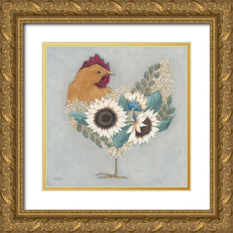 Farmhouse Floral Hen Gold Ornate Wood Framed Art Print with Double Matting by Norman, Michael