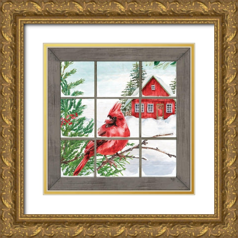 Cardinal in the Window Gold Ornate Wood Framed Art Print with Double Matting by Mollie B.