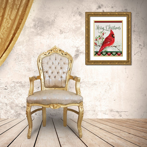 Merry Christmas Cardinal Gold Ornate Wood Framed Art Print with Double Matting by Mollie B.