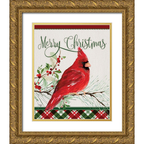 Merry Christmas Cardinal Gold Ornate Wood Framed Art Print with Double Matting by Mollie B.