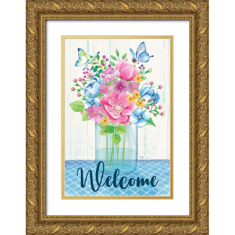 Welcome Spring Flowers Gold Ornate Wood Framed Art Print with Double Matting by Mollie B.