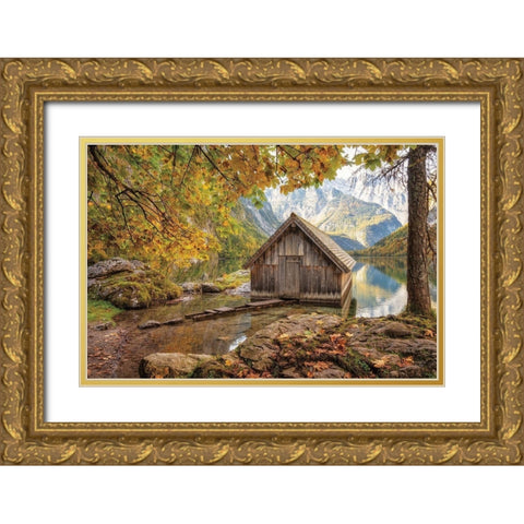 The Boathouse Gold Ornate Wood Framed Art Print with Double Matting by Podt, Martin