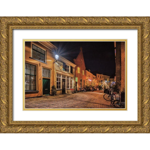 Nighttime City Street 2 Gold Ornate Wood Framed Art Print with Double Matting by Podt, Martin