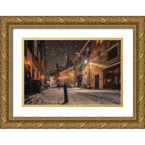 Nighttime City Street 3 Gold Ornate Wood Framed Art Print with Double Matting by Podt, Martin