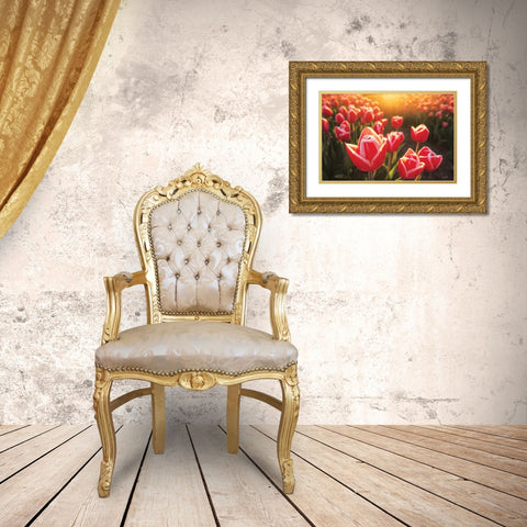 Tulips at Sunrise Gold Ornate Wood Framed Art Print with Double Matting by Podt, Martin