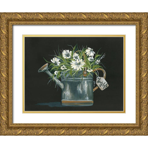 Watering Can Daisy Gold Ornate Wood Framed Art Print with Double Matting by Norkus, Julie