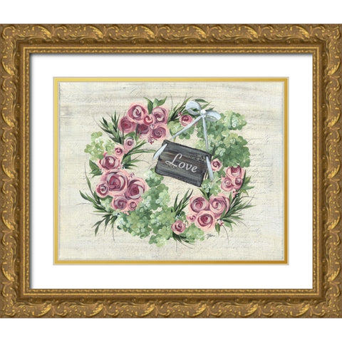 Hydrangea Wreath Green And Pink Gold Ornate Wood Framed Art Print with Double Matting by Norkus, Julie