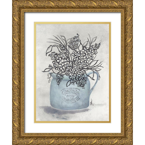 Sketchy Floral Enamel Pot Gold Ornate Wood Framed Art Print with Double Matting by Norkus, Julie