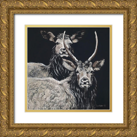 Two Woodland Deer Gold Ornate Wood Framed Art Print with Double Matting by Redman, Suzi