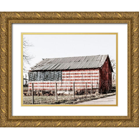 American Flag Barn Gold Ornate Wood Framed Art Print with Double Matting by Rigsby, Jennifer