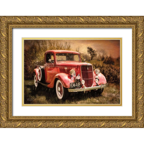 Little Red Truck Gold Ornate Wood Framed Art Print with Double Matting by Vieira, Robin-Lee