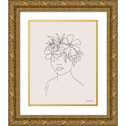 Head Full of Flowers Line Drawing Gold Ornate Wood Framed Art Print with Double Matting by Nieman, Rachel