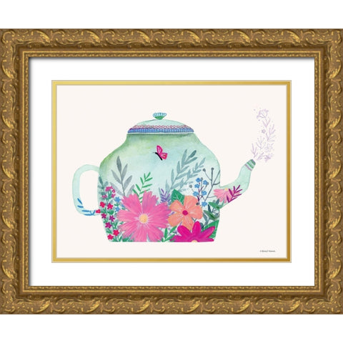Garden Teapot Gold Ornate Wood Framed Art Print with Double Matting by Nieman, Rachel