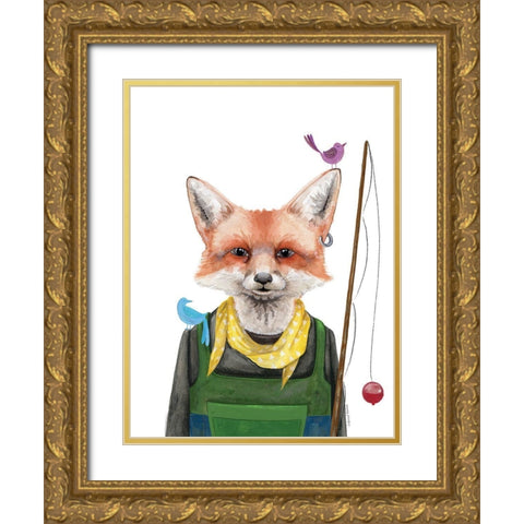Fishing Fox Gold Ornate Wood Framed Art Print with Double Matting by Nieman, Rachel