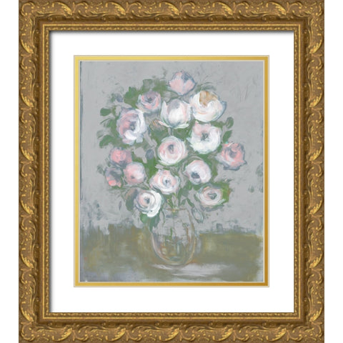 Painterly Pink Posies Gold Ornate Wood Framed Art Print with Double Matting by Stellar Design Studio