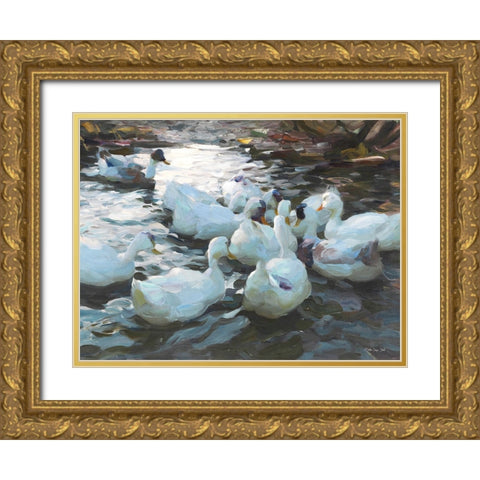 Ducks by the Lake 3 Gold Ornate Wood Framed Art Print with Double Matting by Stellar Design Studio