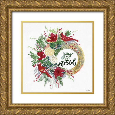 Joy to the World Wreath Gold Ornate Wood Framed Art Print with Double Matting by Stellar Design Studio