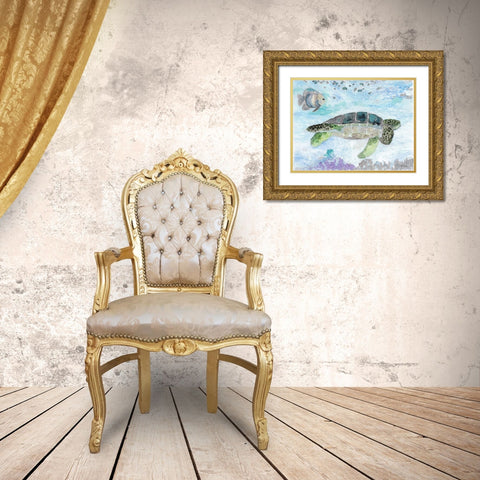 Swimming Sea Turtle Gold Ornate Wood Framed Art Print with Double Matting by Stellar Design Studio