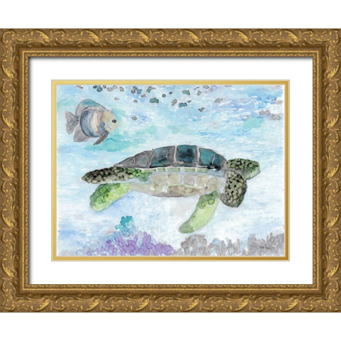 Swimming Sea Turtle Gold Ornate Wood Framed Art Print with Double Matting by Stellar Design Studio