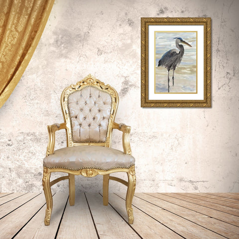 Heron in Water Gold Ornate Wood Framed Art Print with Double Matting by Stellar Design Studio