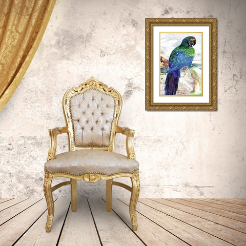 Blue Parrot on Branch 1 Gold Ornate Wood Framed Art Print with Double Matting by Stellar Design Studio