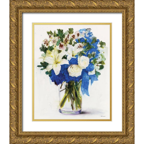 White And Navy Floral Arrangement I Gold Ornate Wood Framed Art Print with Double Matting by Stellar Design Studio