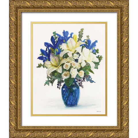 White And Navy Floral Arrangement II Gold Ornate Wood Framed Art Print with Double Matting by Stellar Design Studio