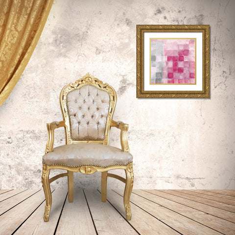 Fuchsia and Gray Grid Gold Ornate Wood Framed Art Print with Double Matting by Stellar Designs Studio