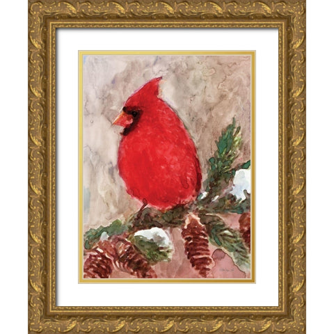 Winter Cardinal Gold Ornate Wood Framed Art Print with Double Matting by Stellar Design Studio