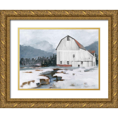 The Old Barn   Gold Ornate Wood Framed Art Print with Double Matting by Stellar Design Studio
