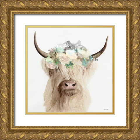 Floral Highland Cow    Gold Ornate Wood Framed Art Print with Double Matting by Stellar Design Studio