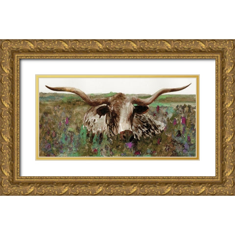 Texas Longhorn in Field Gold Ornate Wood Framed Art Print with Double Matting by Stellar Design Studio