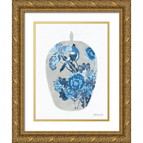 Blue Bird Vase Gold Ornate Wood Framed Art Print with Double Matting by Stellar Design Studio