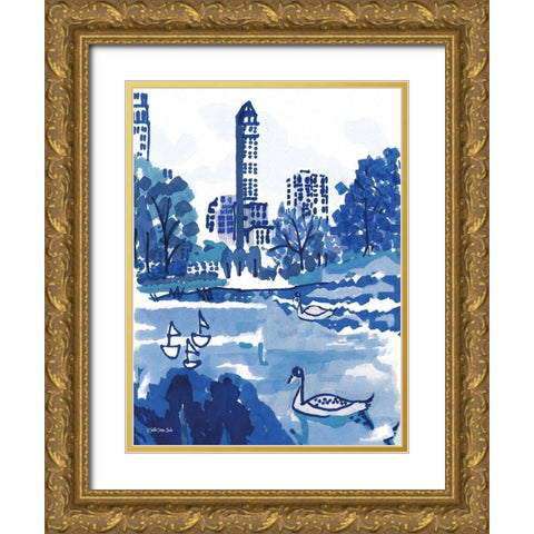 City Pond Gold Ornate Wood Framed Art Print with Double Matting by Stellar Design Studio