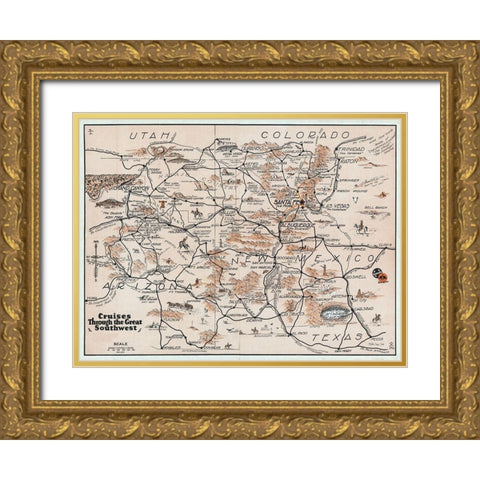 Southwest Travel Map Gold Ornate Wood Framed Art Print with Double Matting by Stellar Design Studio