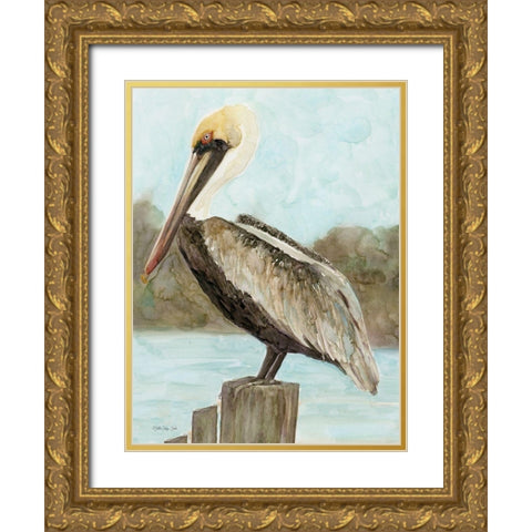 Brown Pelican 3 Gold Ornate Wood Framed Art Print with Double Matting by Stellar Design Studio