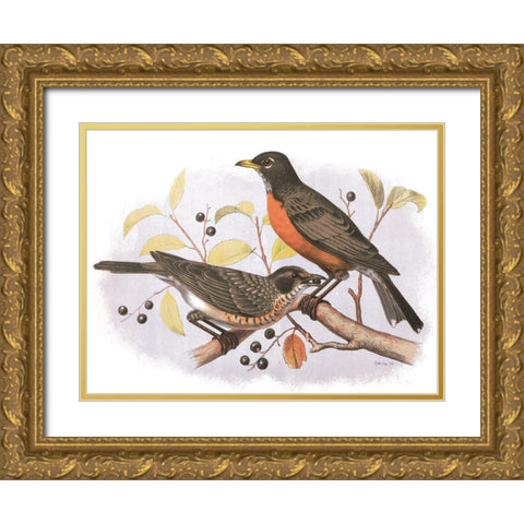 Birds and Berries Gold Ornate Wood Framed Art Print with Double Matting by Stellar Design Studio