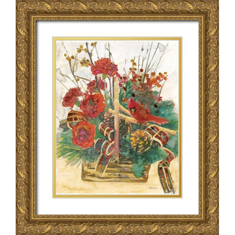 Christmas Basket Gold Ornate Wood Framed Art Print with Double Matting by Stellar Design Studio