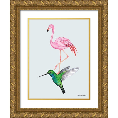 The Hummingbird and the Flamingo Gold Ornate Wood Framed Art Print with Double Matting by Seven Trees Design