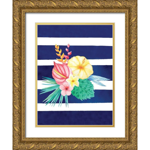 Watercolor Flowers Blue Lines I Gold Ornate Wood Framed Art Print with Double Matting by Seven Trees Design