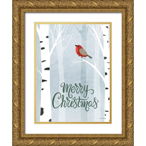 Merry Christmas Forest Gold Ornate Wood Framed Art Print with Double Matting by Seven Trees Design