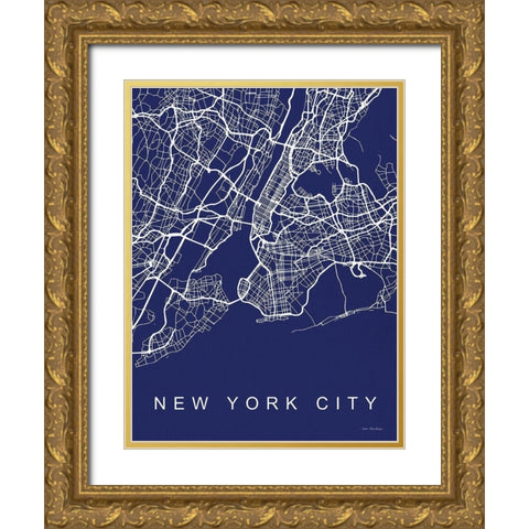 NYC Street Blue Map Gold Ornate Wood Framed Art Print with Double Matting by Seven Trees Design