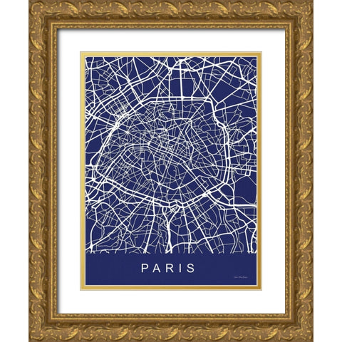 Paris Street Blue Map Gold Ornate Wood Framed Art Print with Double Matting by Seven Trees Design