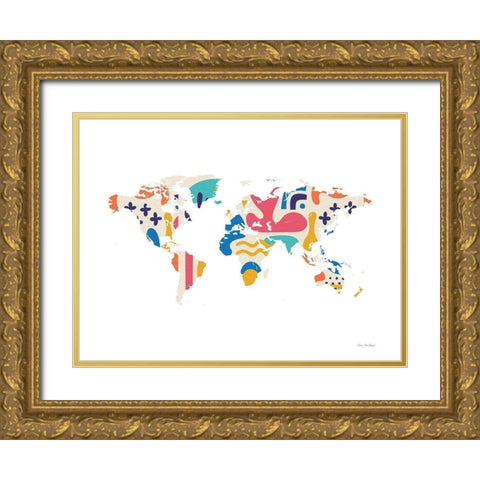 Abstract Colorful World Map Gold Ornate Wood Framed Art Print with Double Matting by Seven Trees Design