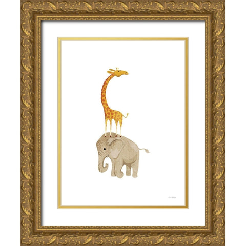 Safari Elephant and Giraffe Gold Ornate Wood Framed Art Print with Double Matting by Stellar Design Studio