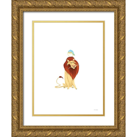 Safari Lion and Bird Gold Ornate Wood Framed Art Print with Double Matting by Stellar Design Studio