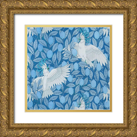 Parrots and Lemons Gold Ornate Wood Framed Art Print with Double Matting by Seven Trees Design