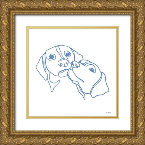 One Line Dog Couple Gold Ornate Wood Framed Art Print with Double Matting by Seven Trees Design