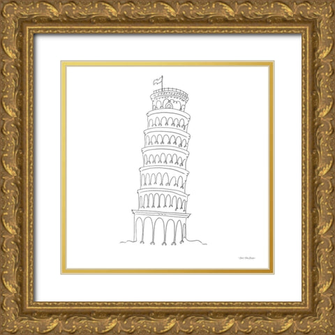 One Line Pisa Tower Italy Gold Ornate Wood Framed Art Print with Double Matting by Seven Trees Design